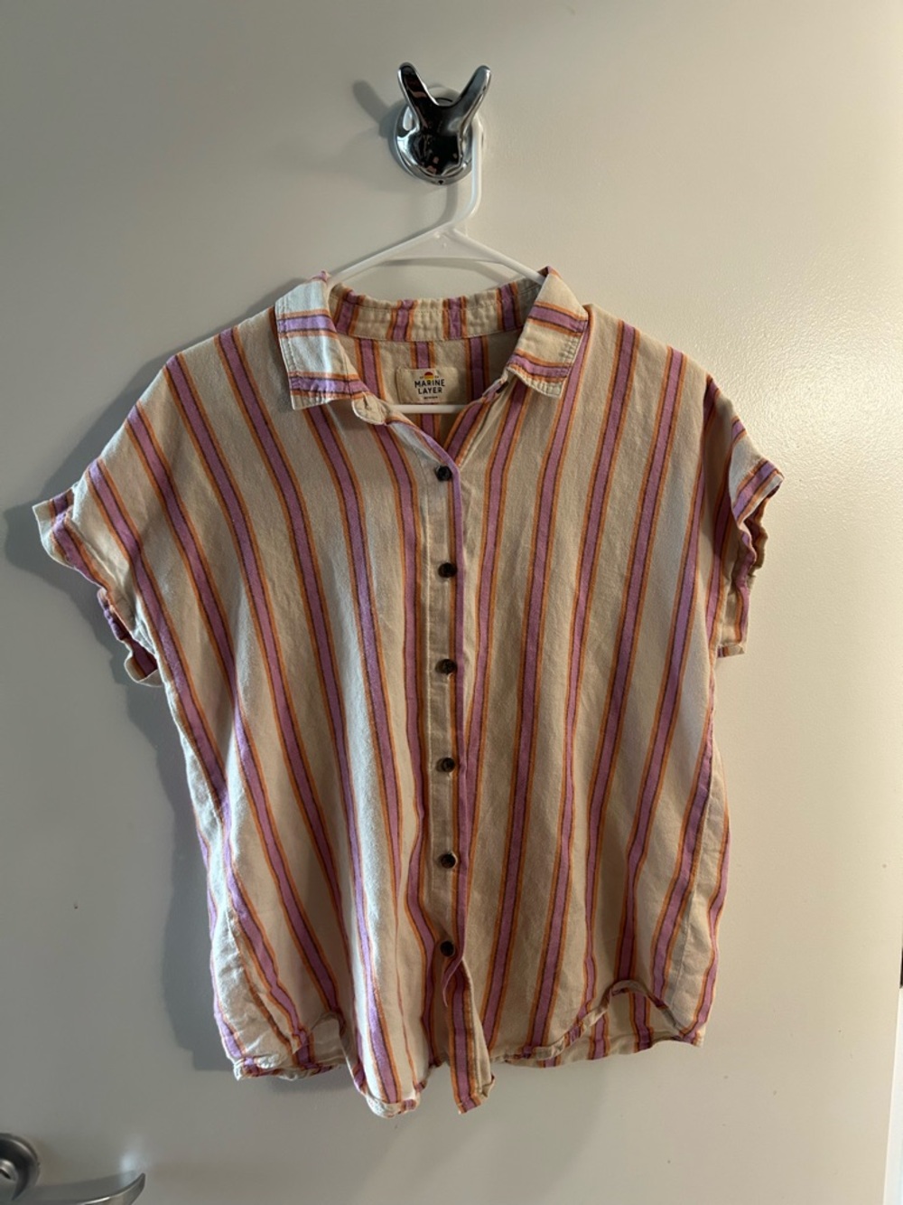Marine Layer Striped Button-Down Shirt - Cream, Pink, Orange